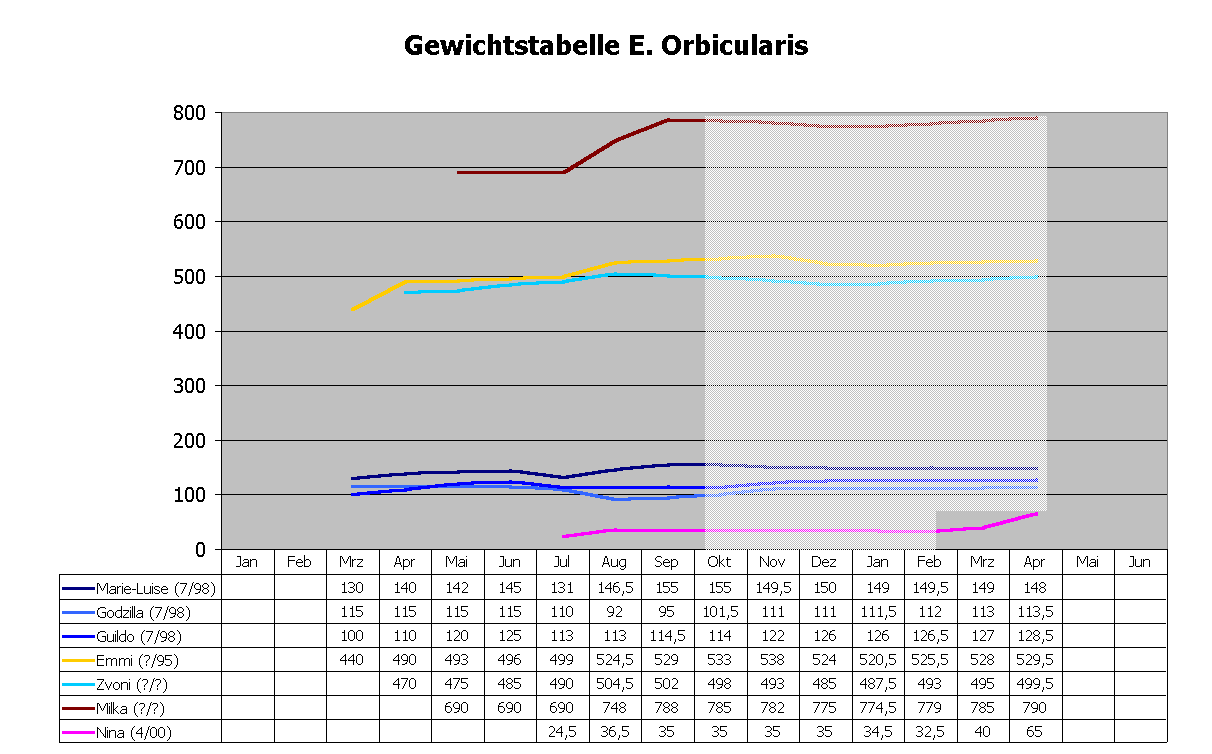 Gewichtstabelle E. Orbicularis